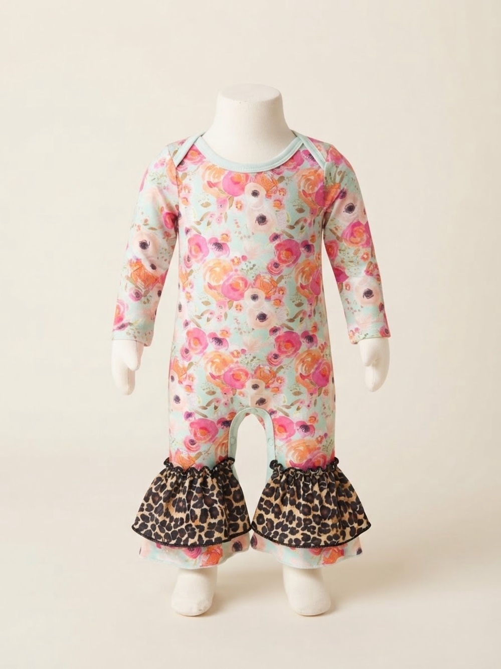 Ily Lily Floral & Leopard Ruffle One-Piece Romper 3-6 months